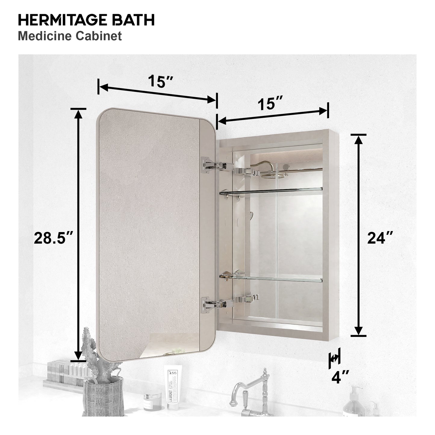 15 in. W. x 24 in. H Rectangular Framed Recessed/Surface Mount Medicine Cabinet with Mirror in Brushed Nickel