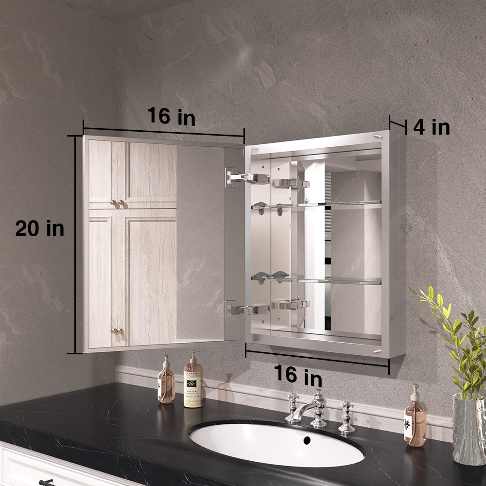 Keen Framless Recessed or Surface-Mount Rectangular Aluminum Medicine Cabinet with Mirror in Silver