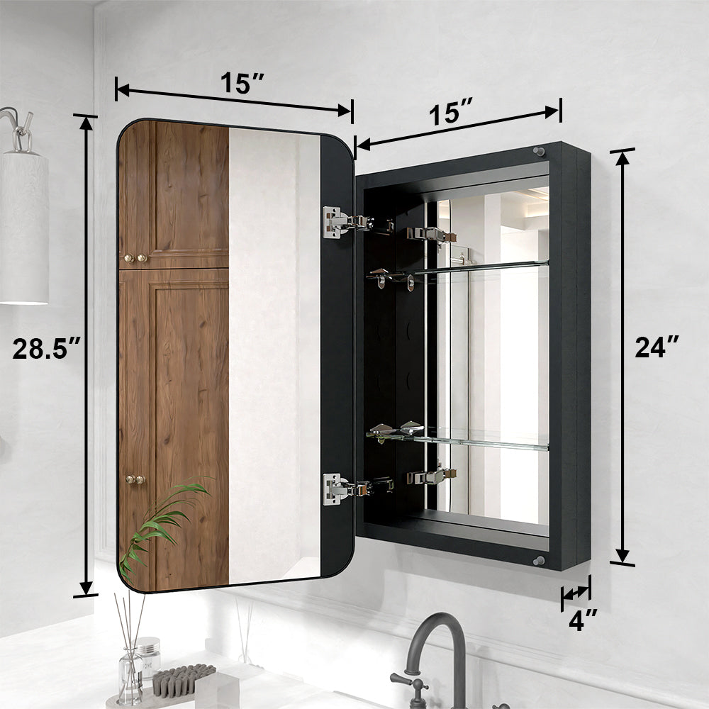 Verve Frameless Recessed or Surface-Mount Rectangular Aluminum Medicine Cabinet with Mirror in Matte Black