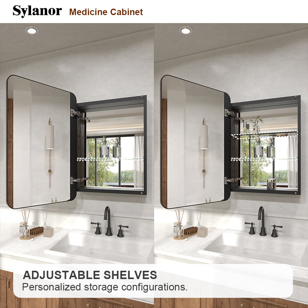 Verve Frameless Recessed or Surface-Mount Rectangular Aluminum Medicine Cabinet with Mirror in Matte Black