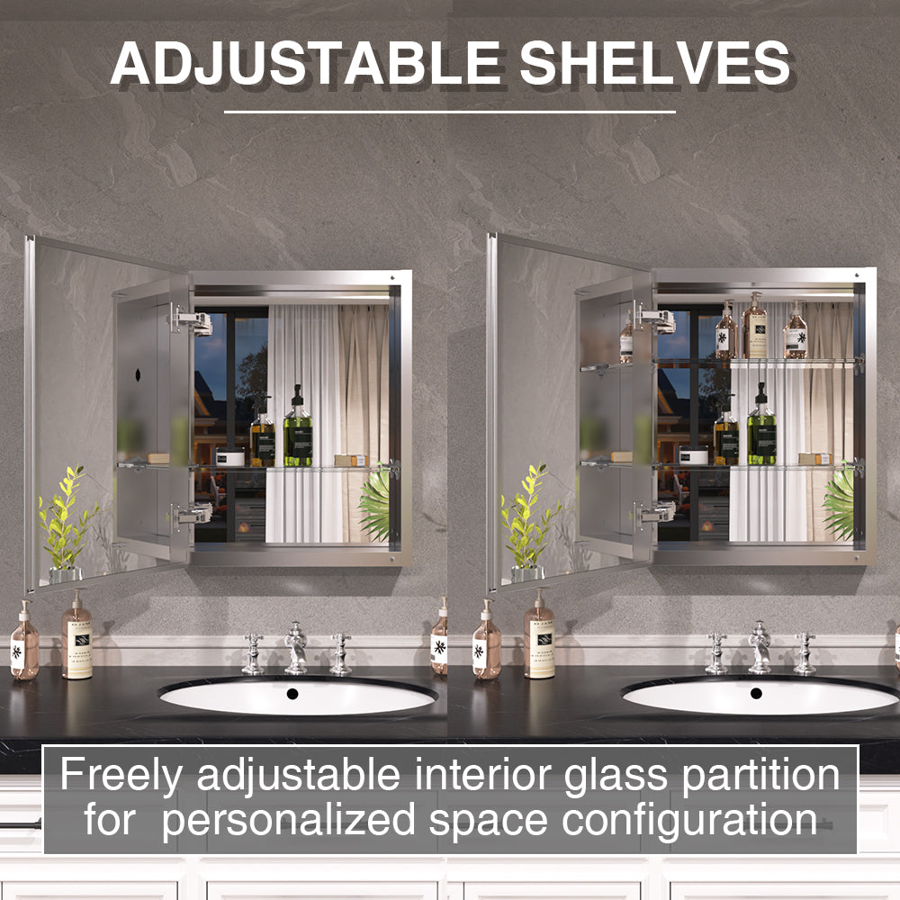 Keen Framless Recessed or Surface-Mount Rectangular Aluminum Medicine Cabinet with Mirror in Silver
