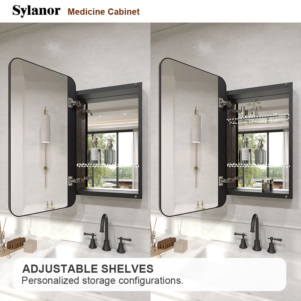 Verve Frameless Recessed or Surface-Mount Rectangular Aluminum Medicine Cabinet with Mirror in Matte Black