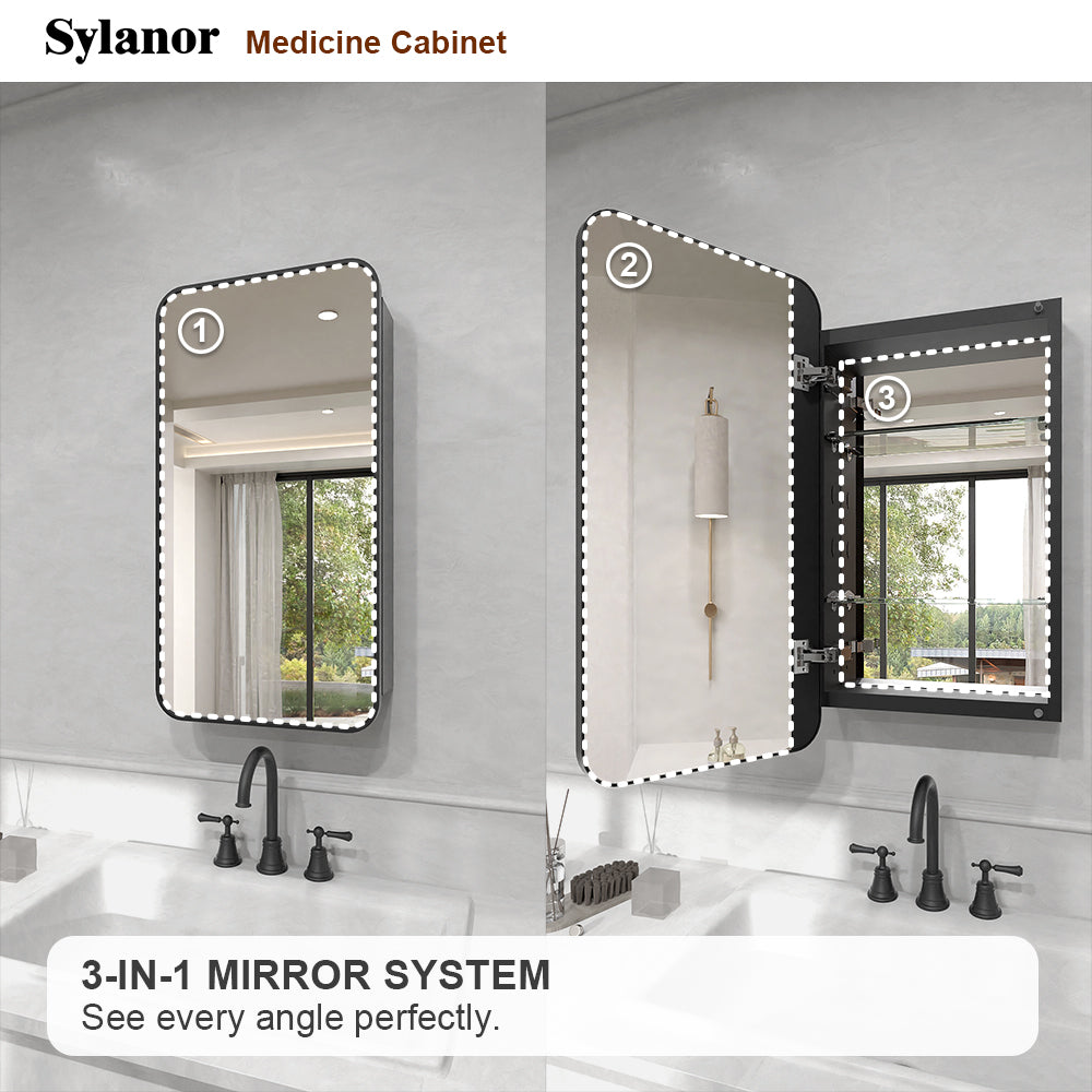 Verve Frameless Recessed or Surface-Mount Rectangular Aluminum Medicine Cabinet with Mirror in Matte Black