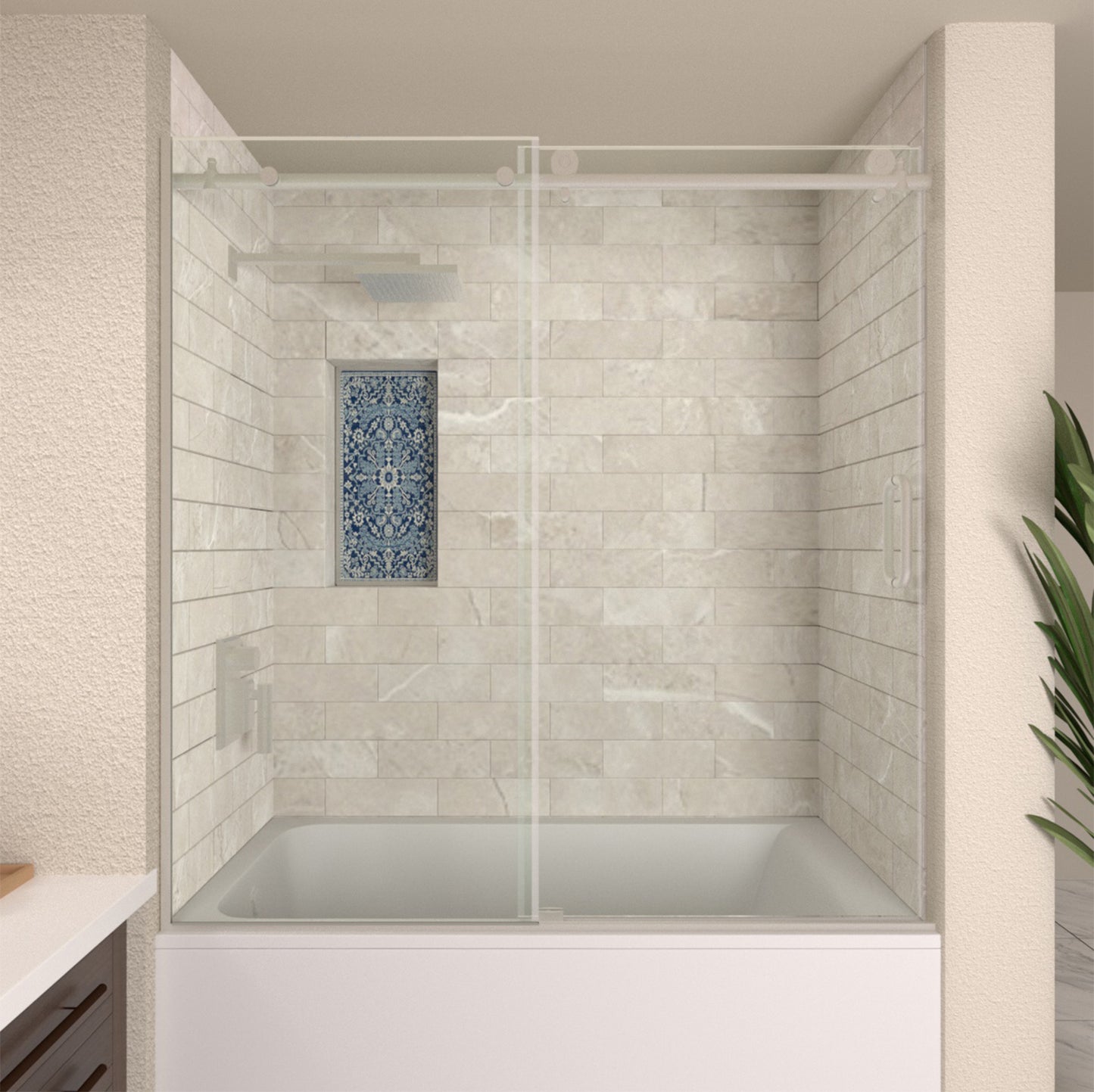 TaiMei 60 in. W x 60 in. H Sliding Semi-Frameless Tub Door