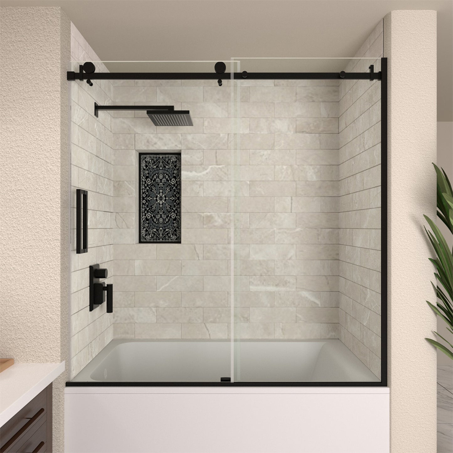 TaiMei 60 in. W x 60 in. H Sliding Semi-Frameless Tub Door with Clear Glass and Handles