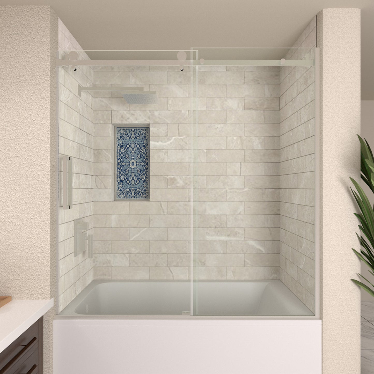 TaiMei 60 in. W x 60 in. H Sliding Semi-Frameless Tub Door with Clear Glass and Handles