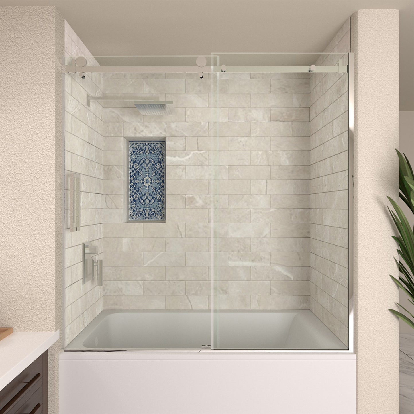 TaiMei 60 in. W x 60 in. H Sliding Semi-Frameless Tub Door with Clear Glass and Handles