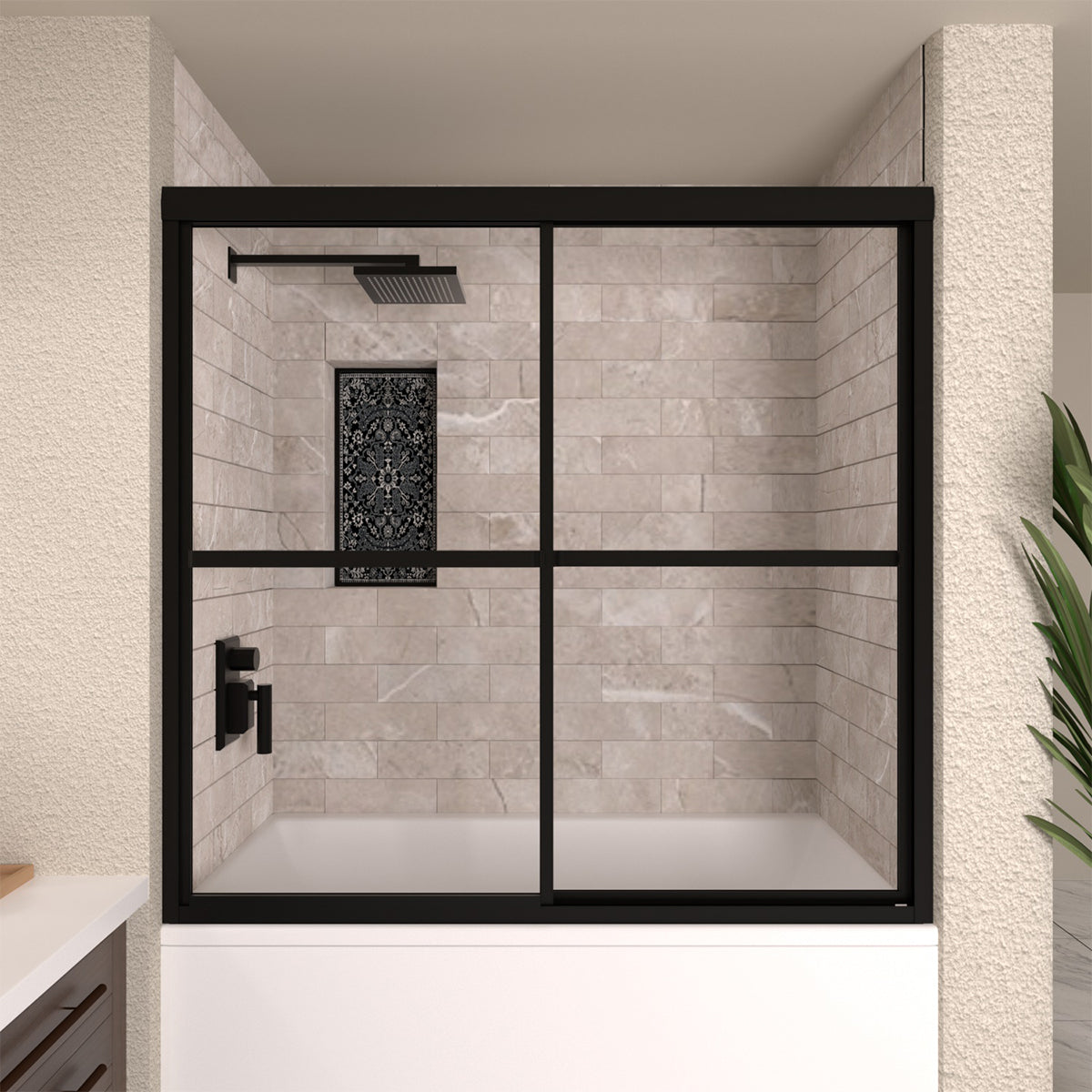 TaiMei 59 in. W x 56 in. H Sliding Framed Tub Door with Clear Glass and Handles