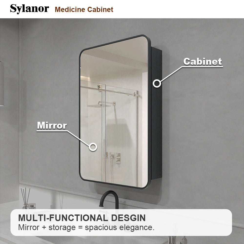 Verve Frameless Recessed or Surface-Mount Rectangular Aluminum Medicine Cabinet with Mirror in Matte Black