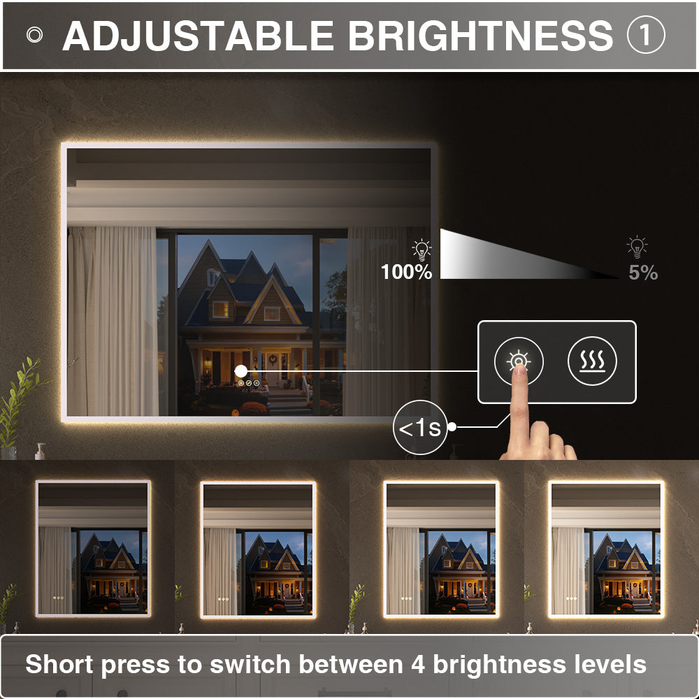 Shimmer Rectangular Frameless Anti-Fog LED Light Dimmable Wall Bathroom Vanity Mirror in Polished Crystal