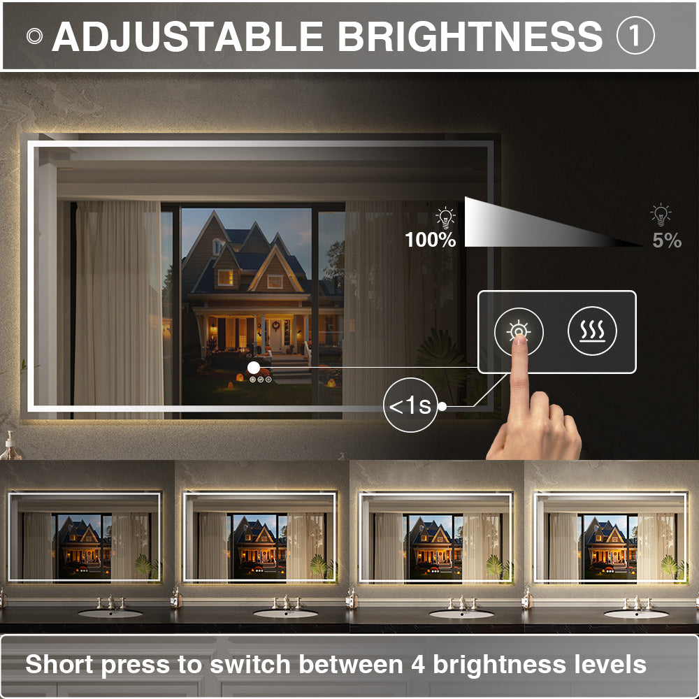 Flicker Rectangular Frameless Anti-Fog LED Light Dimmable Wall Bathroom Vanity Mirror in Polished Crystal