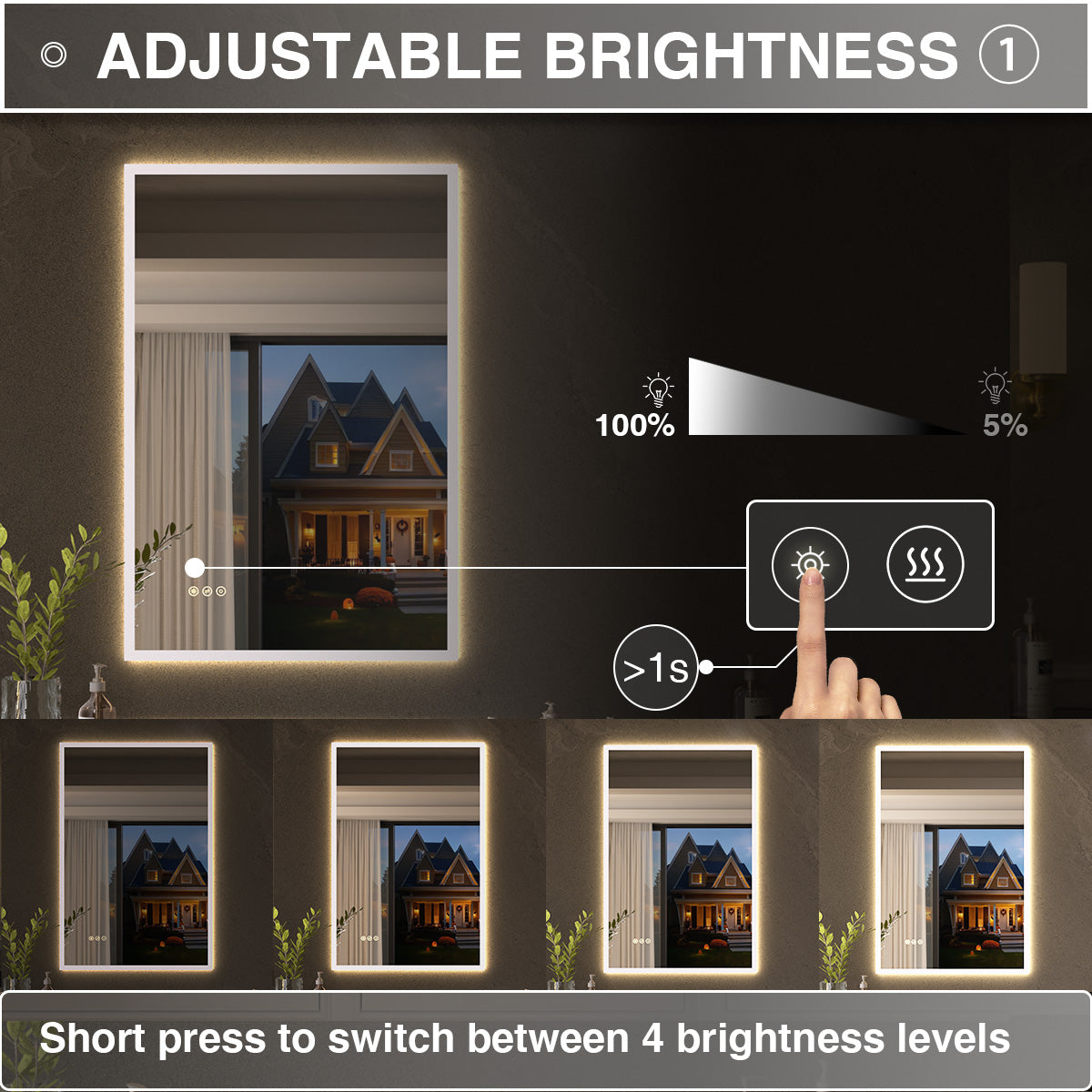 Shimmer Rectangular Frameless Anti-Fog LED Light Dimmable Wall Bathroom Vanity Mirror in Polished Crystal