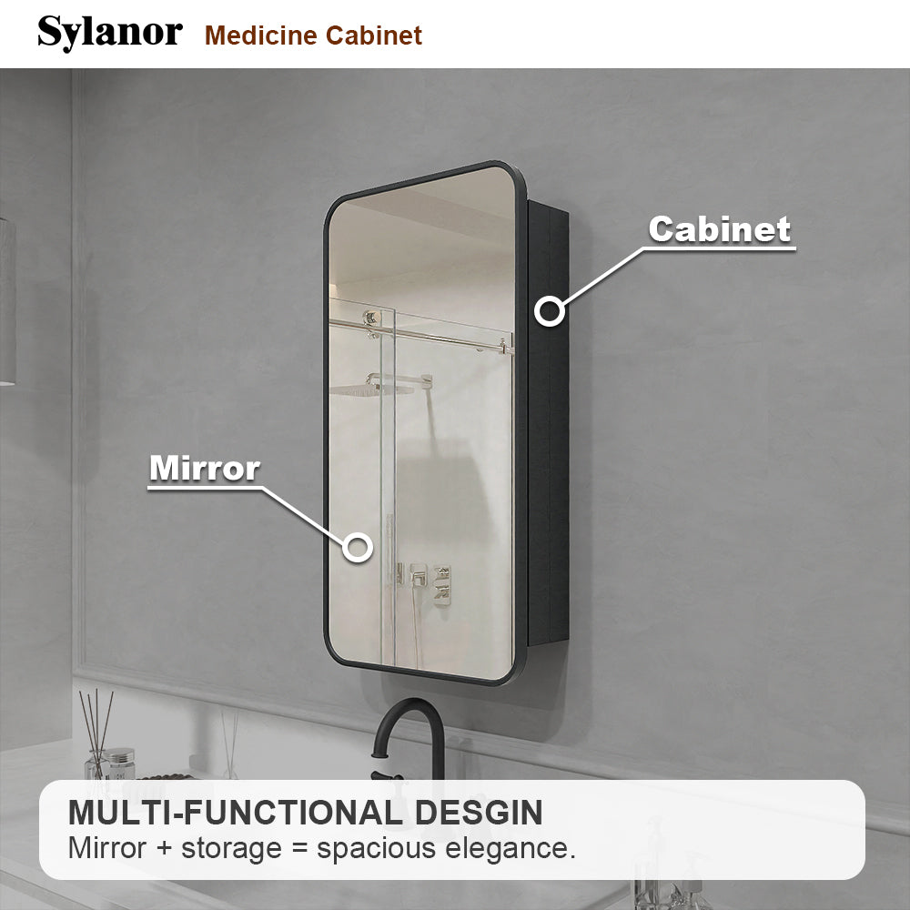 Verve Frameless Recessed or Surface-Mount Rectangular Aluminum Medicine Cabinet with Mirror in Matte Black