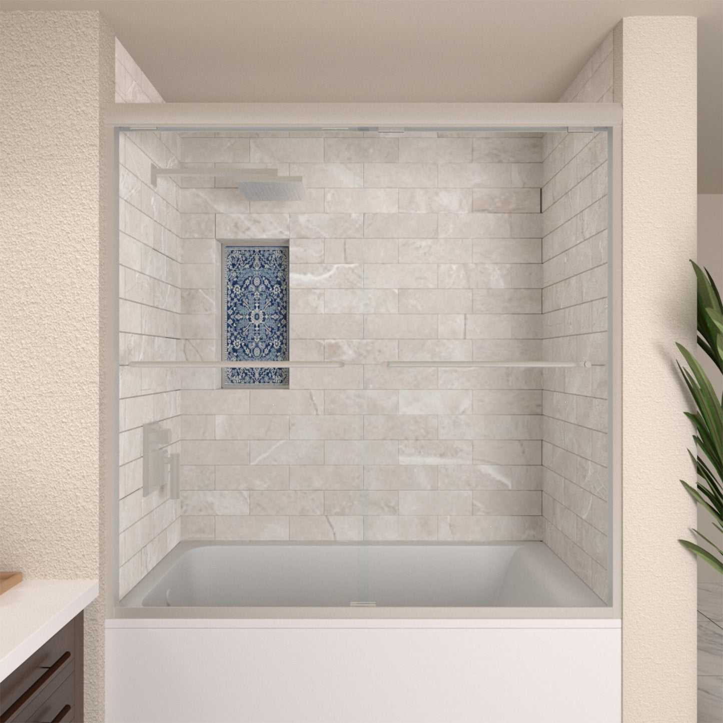 TaiMei 60 in. W x 56 in. H Sliding Semi-Frameless Tub Door with Clear Glass and Handles