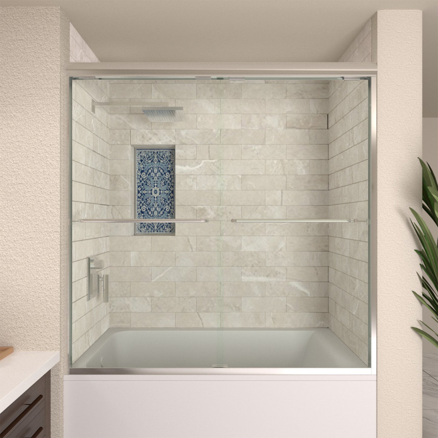 TaiMei 60 in. W x 56 in. H Sliding Semi-Frameless Tub Door with Clear Glass and Handles
