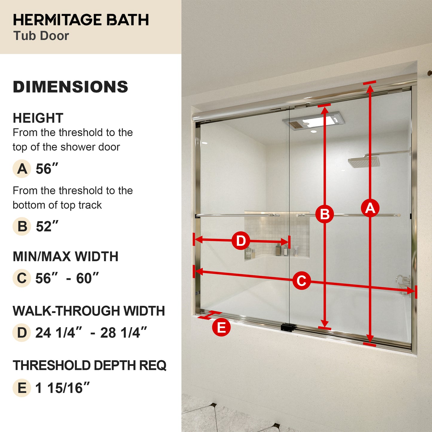 Sivilian 56 in. W x 60 in. H Sliding Bath Tub Door in Semi Frameless with Clear Glass