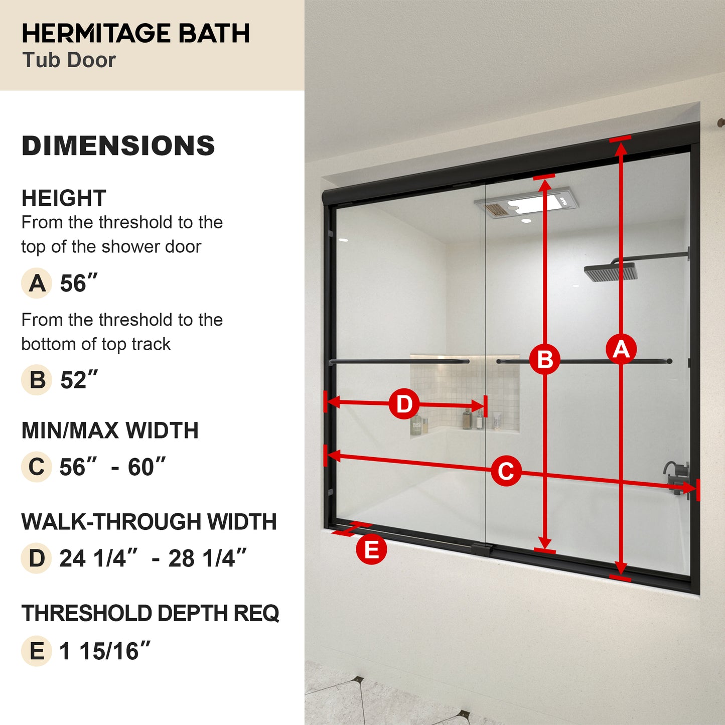 Akoasm 60 in. W x 56 in. H Sliding Bath Tub Door in Semi Frameless with Clear Glass
