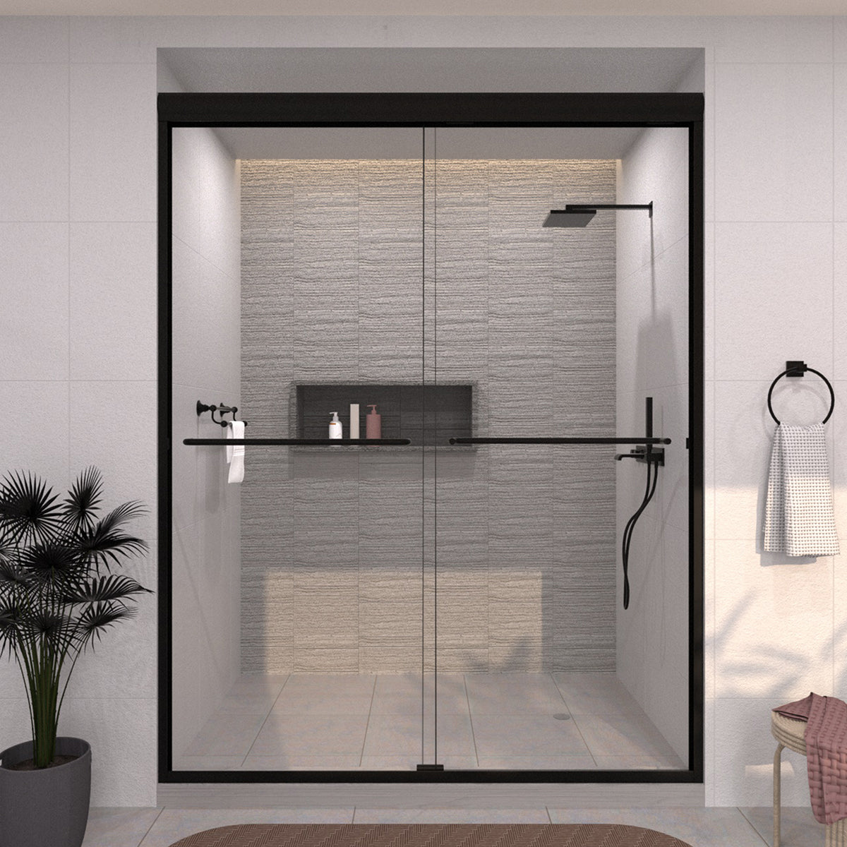 TaiMei 60 in. W x 72 in. H Sliding Semi-Frameless Shower Door with Clear Glass and Handles