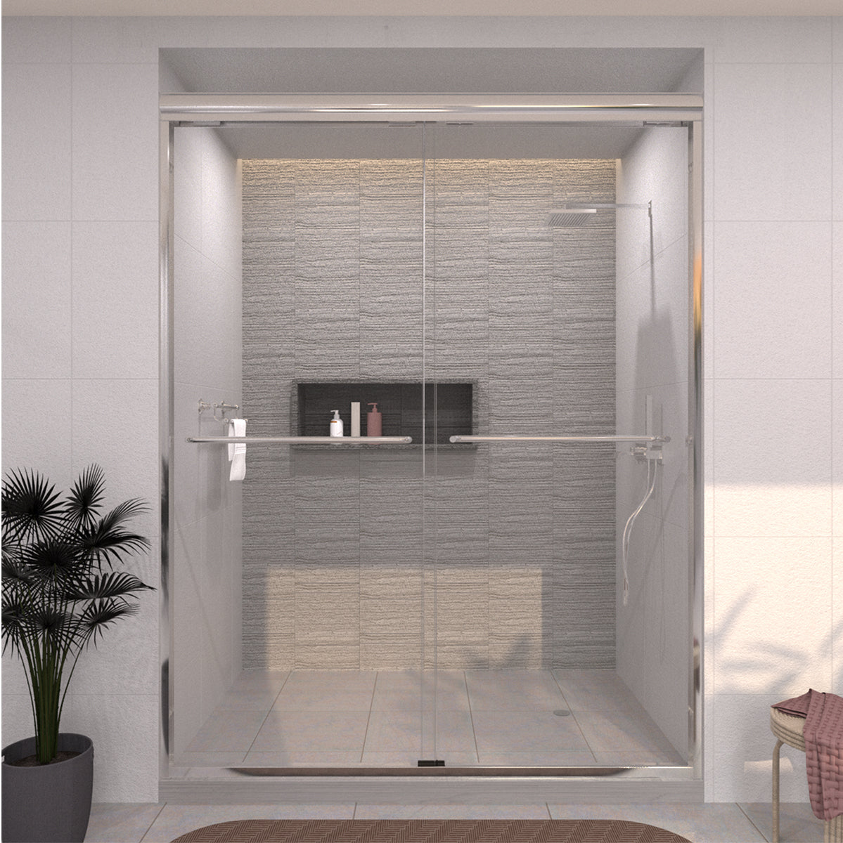 TaiMei 60 in. W x 72 in. H Sliding Semi-Frameless Shower Door with Clear Glass and Handles