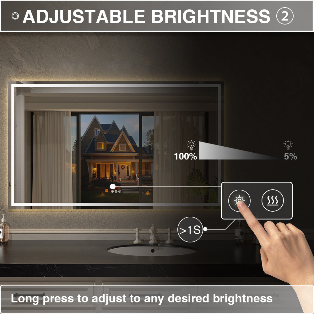 Flicker Rectangular Frameless Anti-Fog LED Light Dimmable Wall Bathroom Vanity Mirror in Polished Crystal