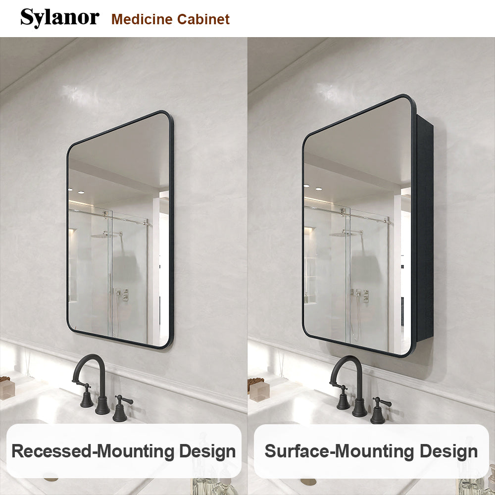 Verve Frameless Recessed or Surface-Mount Rectangular Aluminum Medicine Cabinet with Mirror in Matte Black