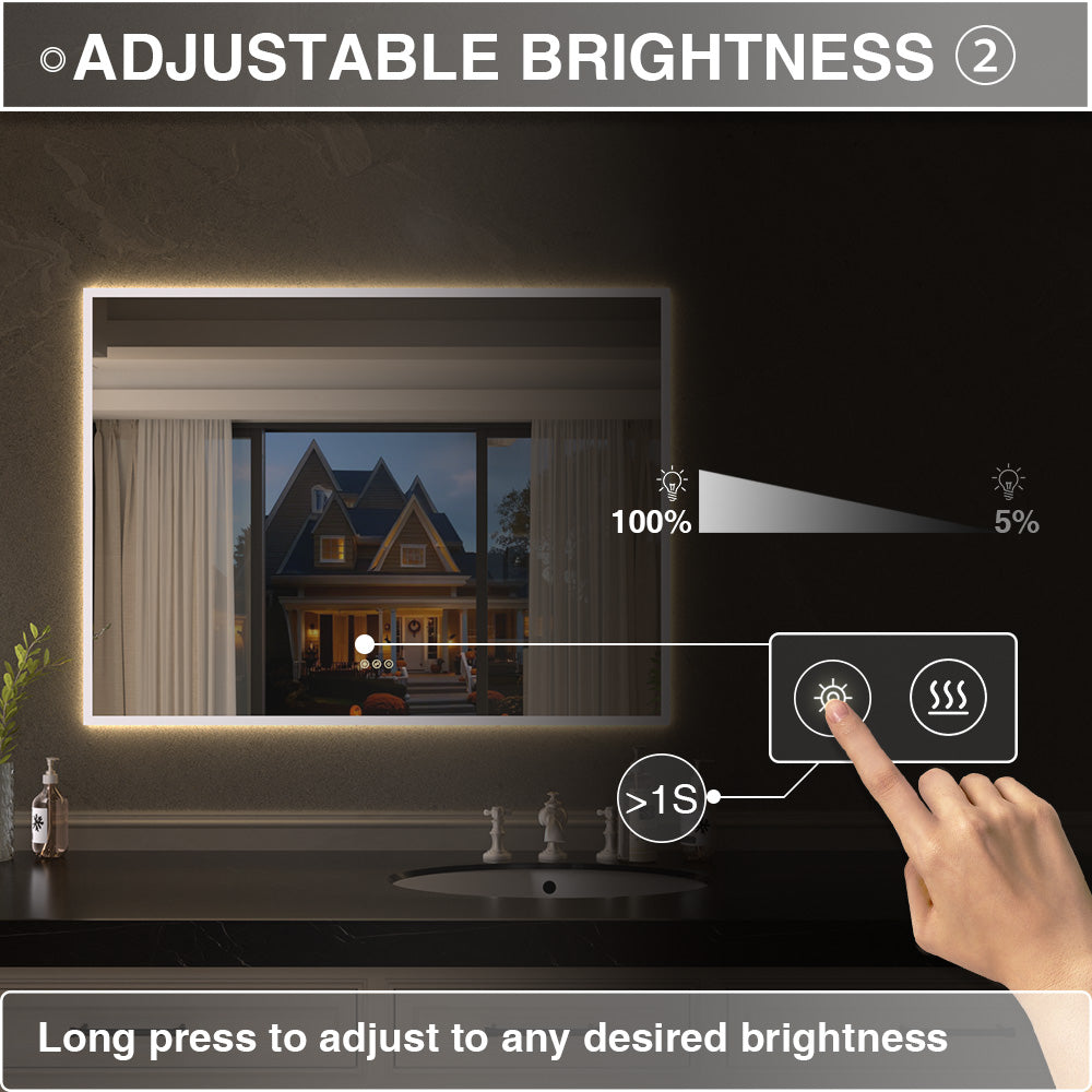 Shimmer Rectangular Frameless Anti-Fog LED Light Dimmable Wall Bathroom Vanity Mirror in Polished Crystal