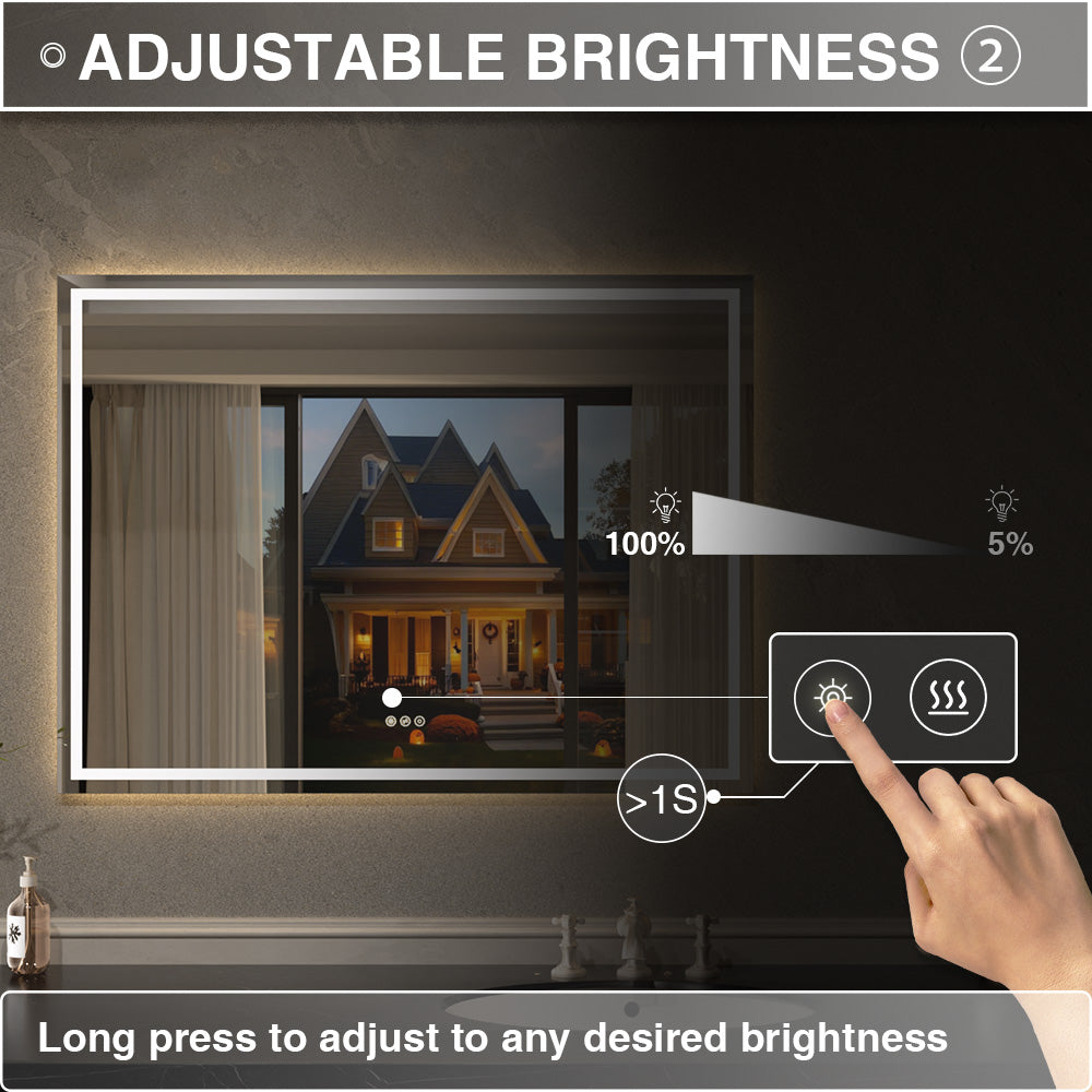 Flicker Rectangular Frameless Anti-Fog LED Light Dimmable Wall Bathroom Vanity Mirror in Polished Crystal
