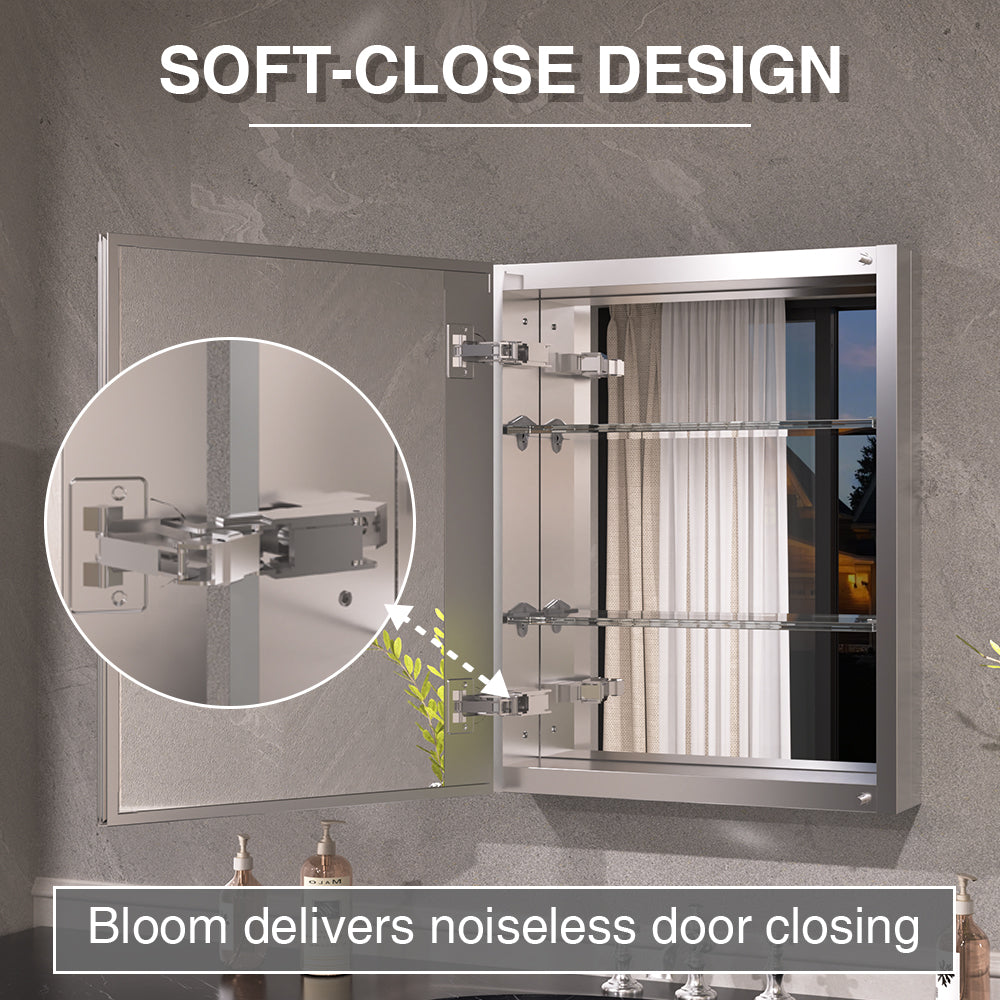 Keen Framless Recessed or Surface-Mount Rectangular Aluminum Medicine Cabinet with Mirror in Silver
