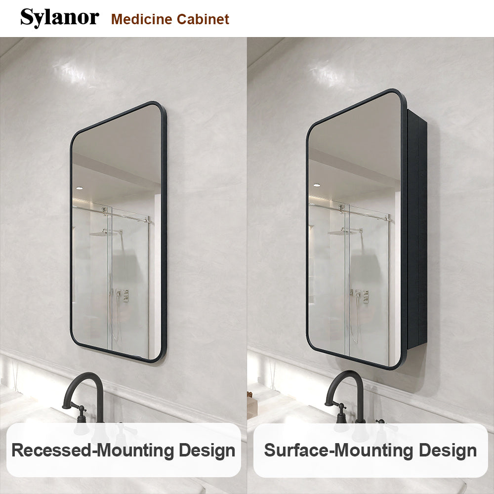 Verve Frameless Recessed or Surface-Mount Rectangular Aluminum Medicine Cabinet with Mirror in Matte Black