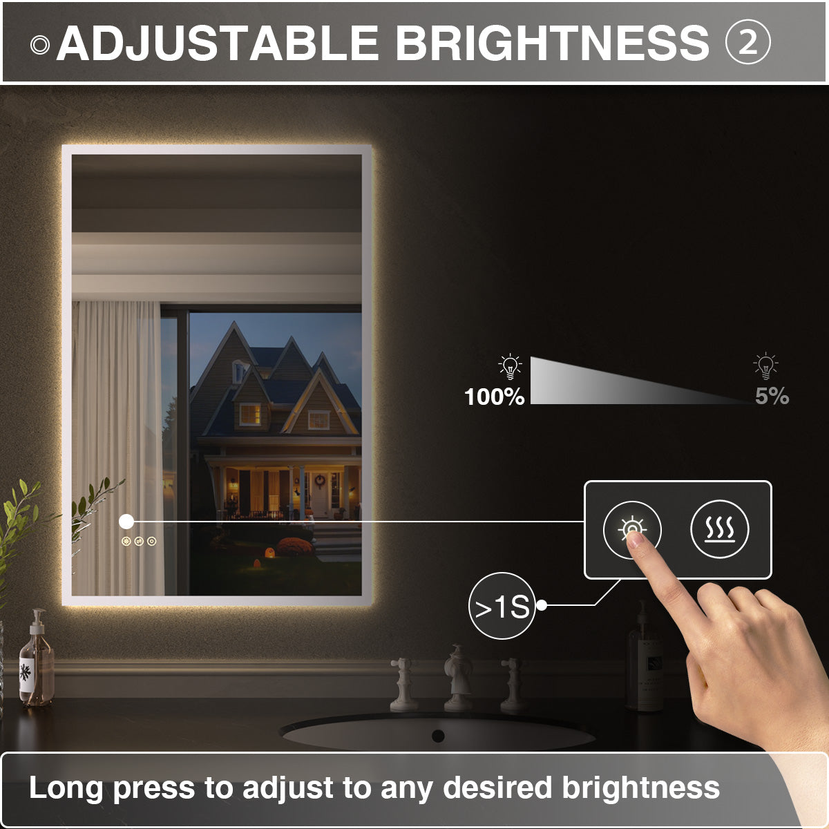 Shimmer Rectangular Frameless Anti-Fog LED Light Dimmable Wall Bathroom Vanity Mirror in Polished Crystal