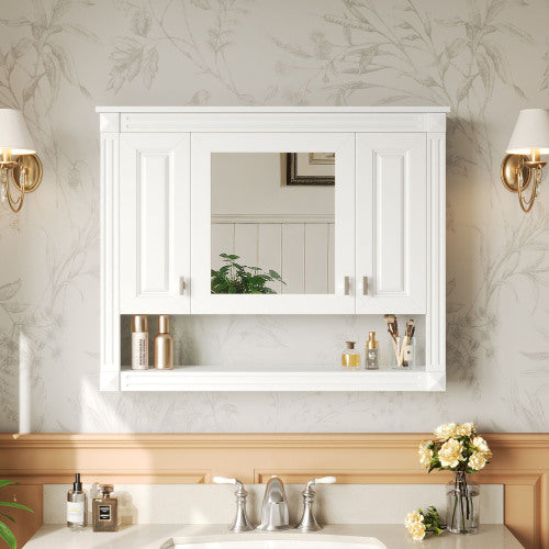Sienna 35 in. W x 28 in. H Rectangular MDF Wall Mounted Medicine Cabinet with Mirror and Open Storage in White