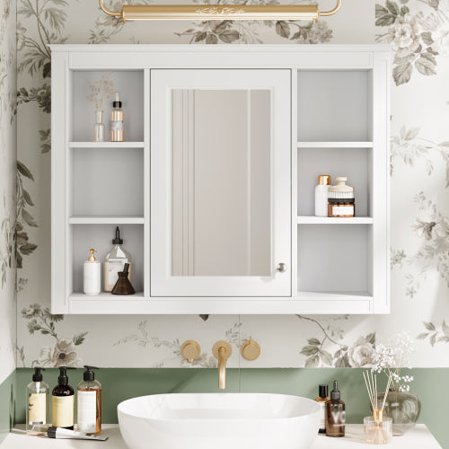 35'' x 28'' Wall Mounted Cabinet MDF Bathroom Storage Cabinet with Mirror with 6 Open Shelves