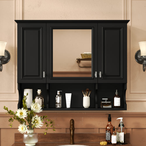 35'' x 28'' Wall Mounted Bathroom MDF Medicine Cabinet with Mirror 3 Doors with Open Shelves