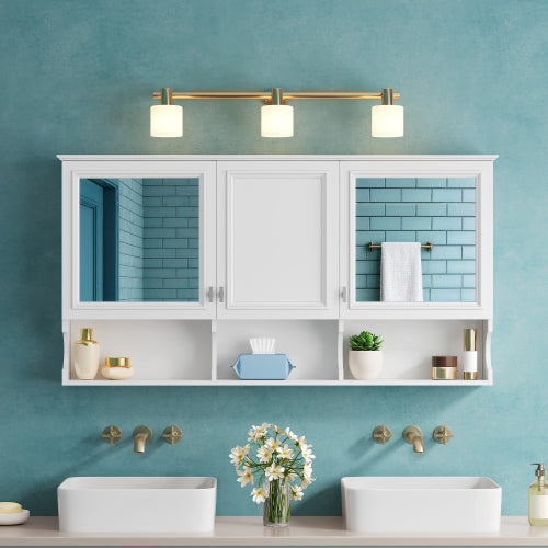 Solace 55 in. W x 28.7 in. H Rectangular Wall Mounted MDF Medicine Cabinet with Mirror and Open Storage in White