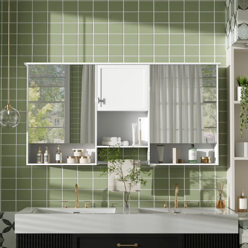 Sterling 55 in. W x 28 in. H Rectangular Wall Mounted Medicine Cabinet with Mirror, Open Storage and Towel Bar in White