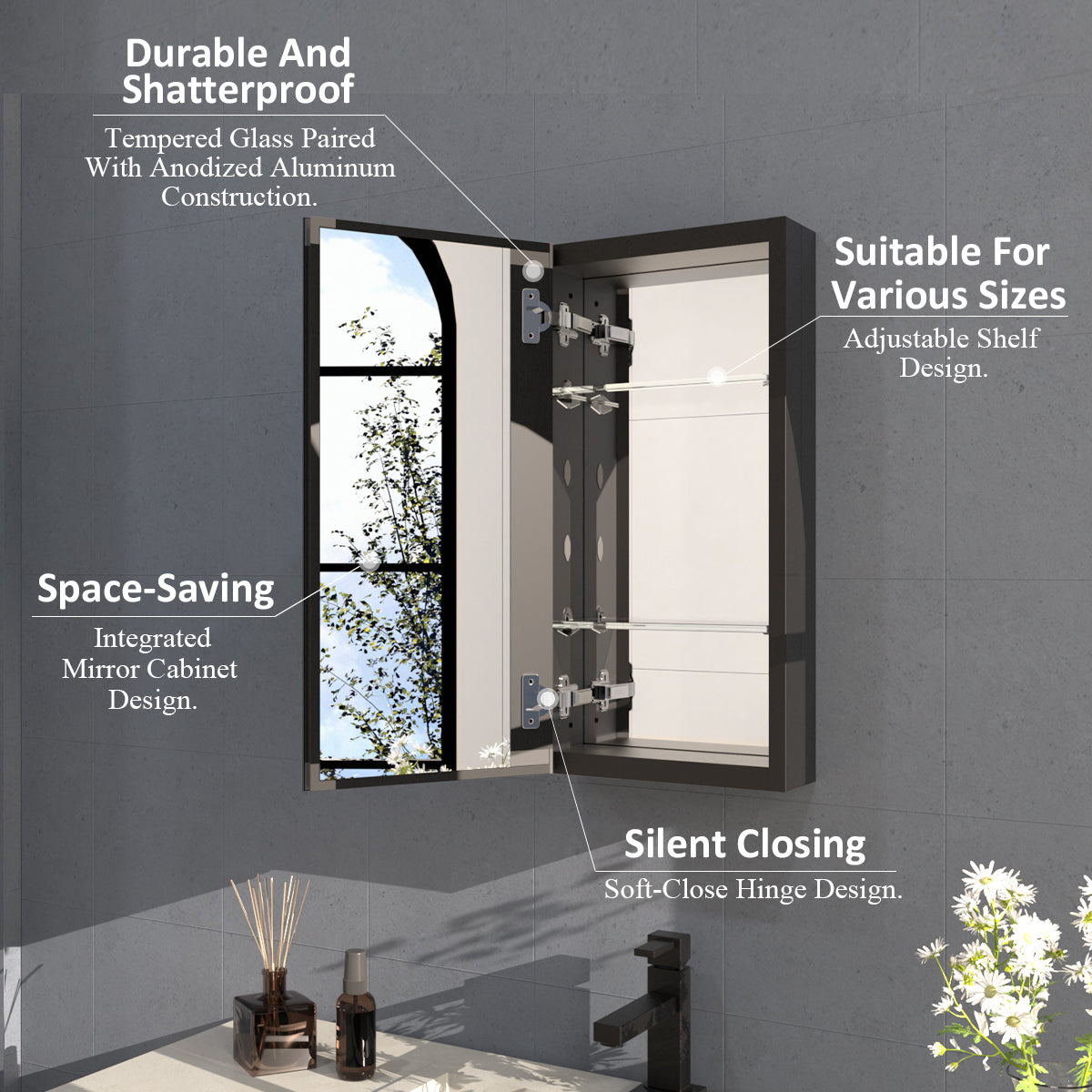 Flicker 12 in. W x 24 in. H Rectangular Aluminum or Surface-Mount Beveled Medicine Cabinet with Mirror