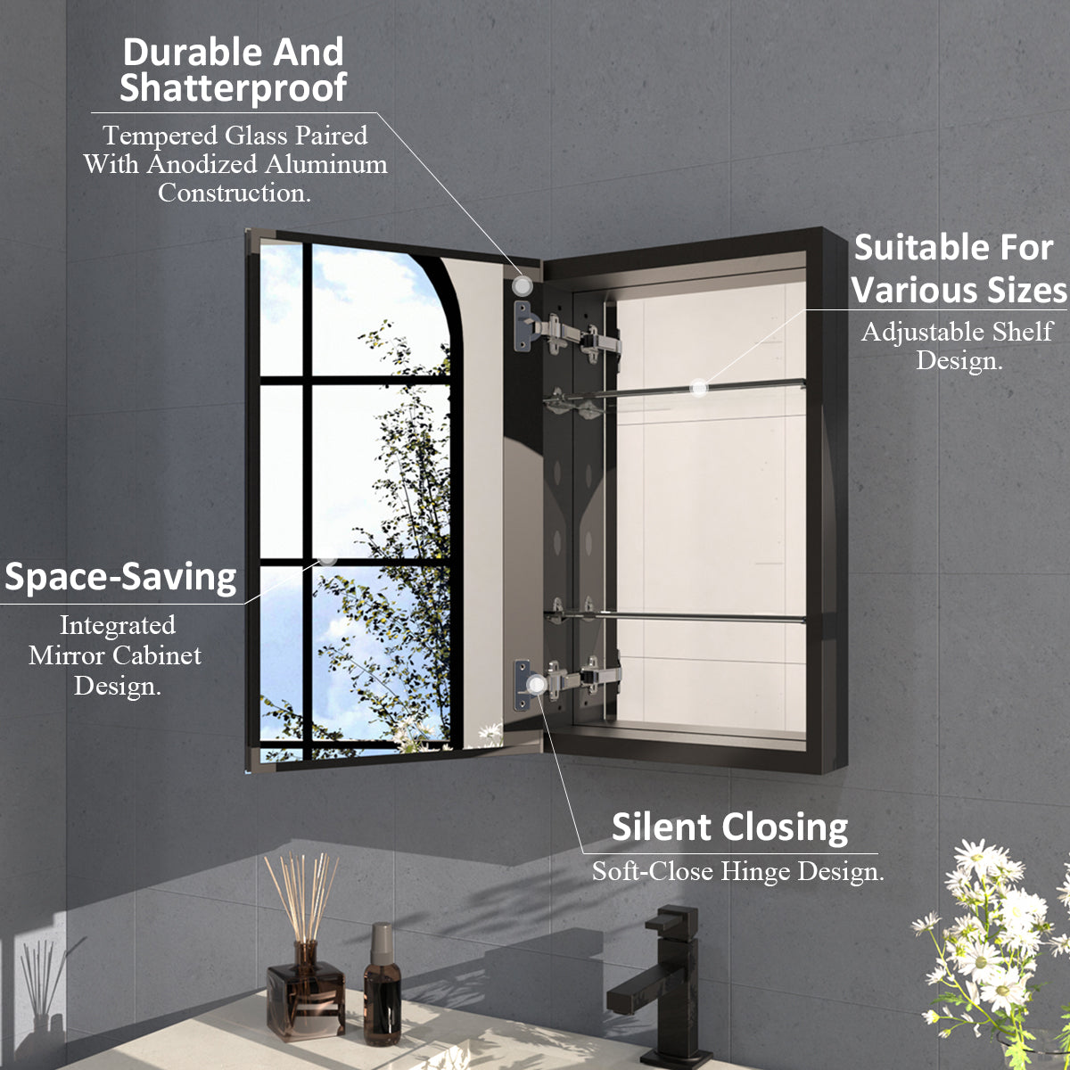 Flicker 15 in. W x 24 in. H Rectangular Aluminum or Surface-Mount Beveled Medicine Cabinet with Mirror