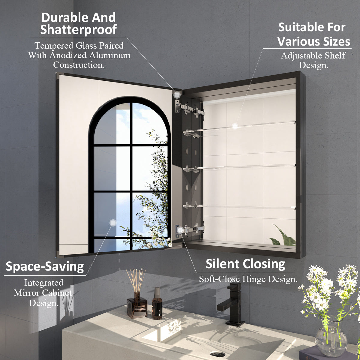 Flicker 23 in. W x 30 in. H Rectangular Aluminum or Surface-Mount Beveled Medicine Cabinet with Mirror