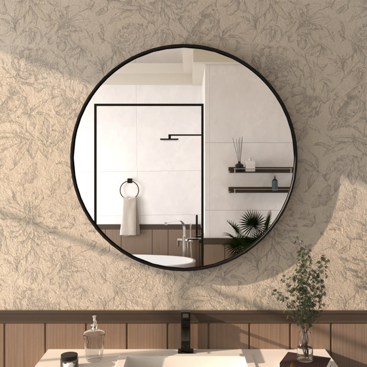 Tanx Round Framed Wall Bathroom Vanity Mirror in Matte Black