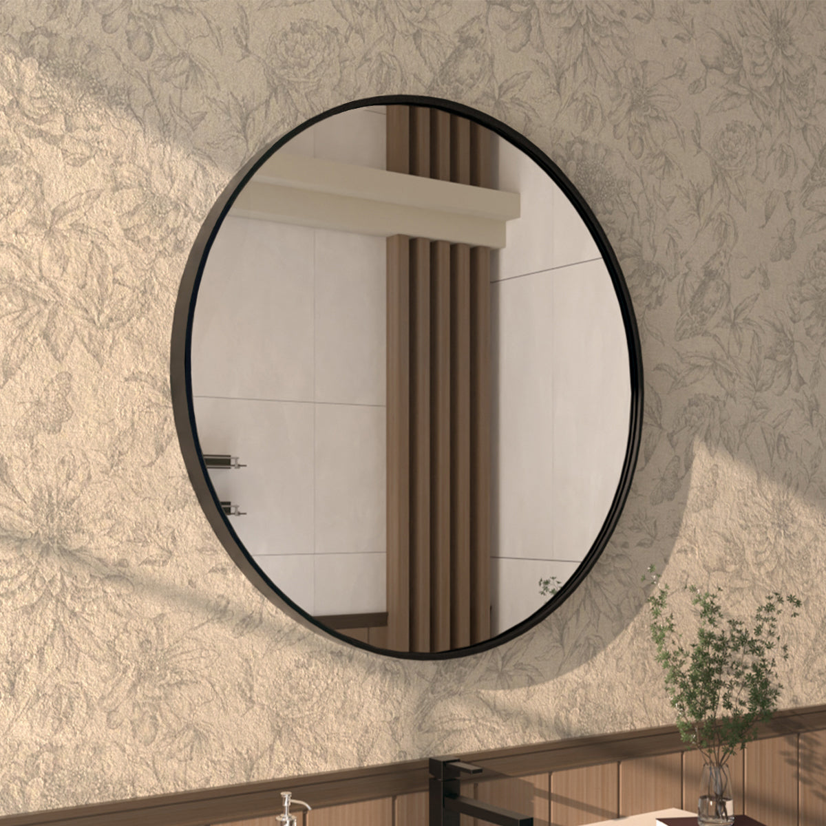 Tanx Round Framed Wall Bathroom Vanity Mirror in Matte Black
