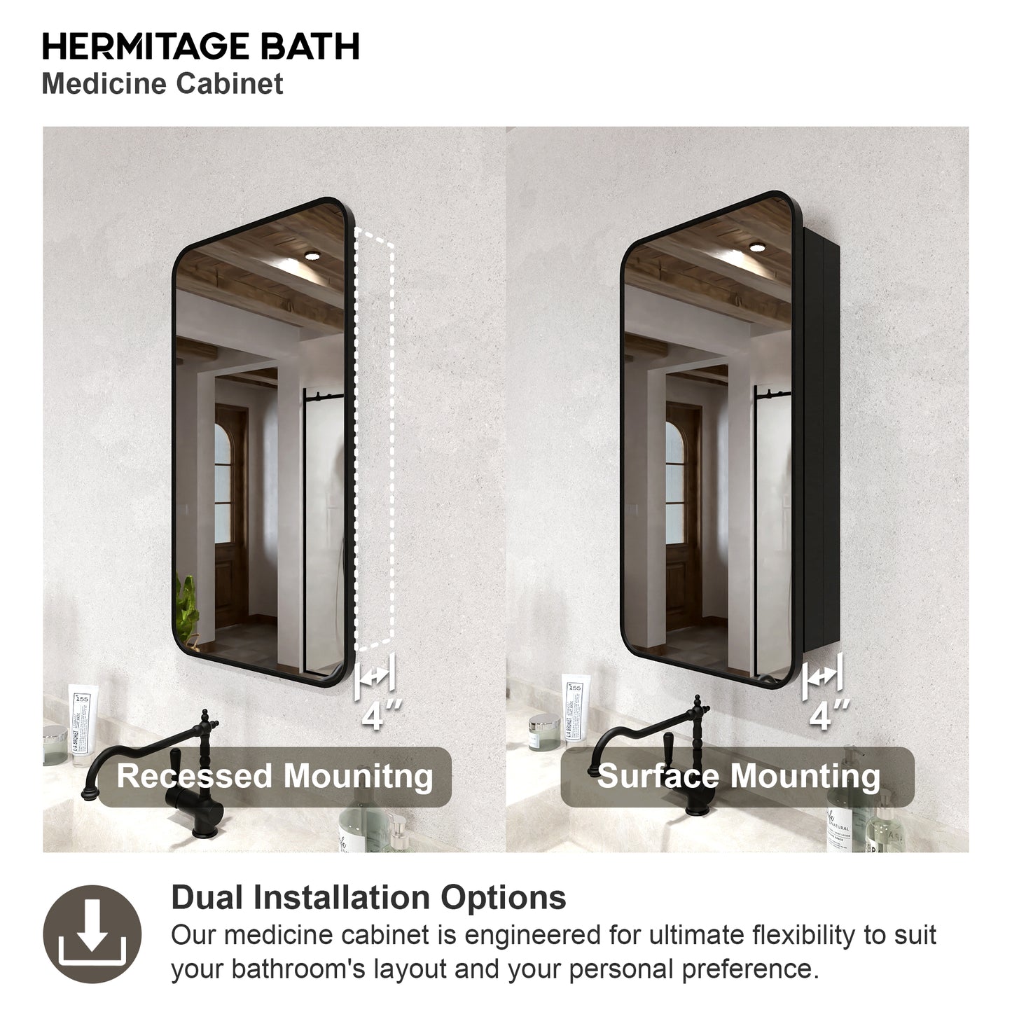Rectangular Framed Recessed/Surface Mount Medicine Cabinet with Mirror in Matte Black