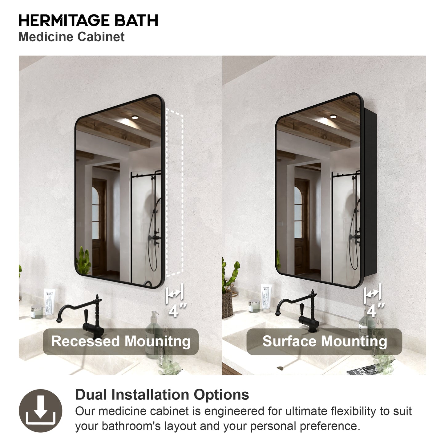 Rectangular Framed Recessed/Surface Mount Medicine Cabinet with Mirror in Matte Black
