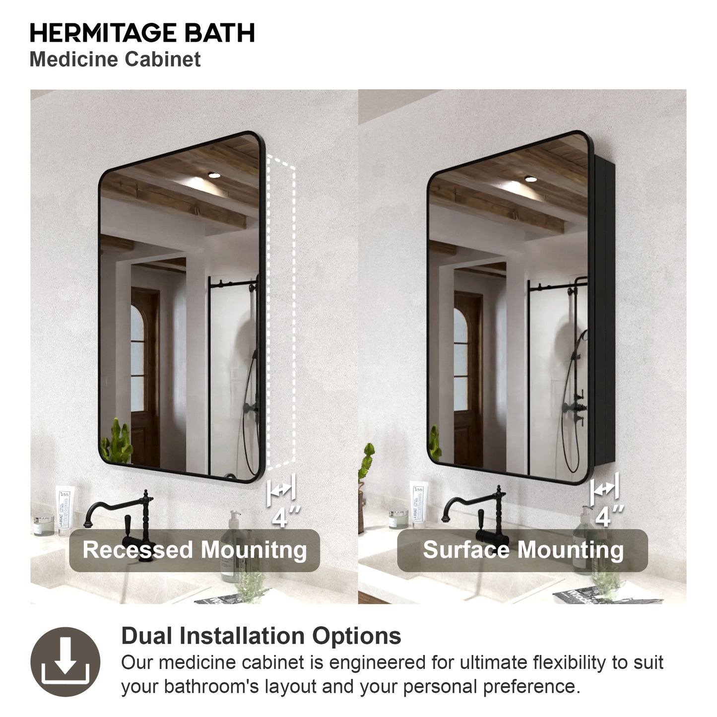 Rectangular Framed Recessed/Surface Mount Medicine Cabinet with Mirror in Matte Black