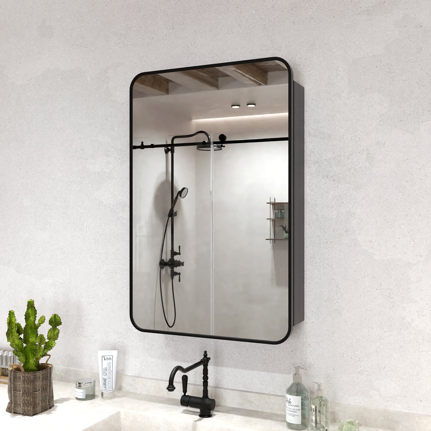 Rectangular Framed Recessed/Surface Mount Medicine Cabinet with Mirror in Matte Black