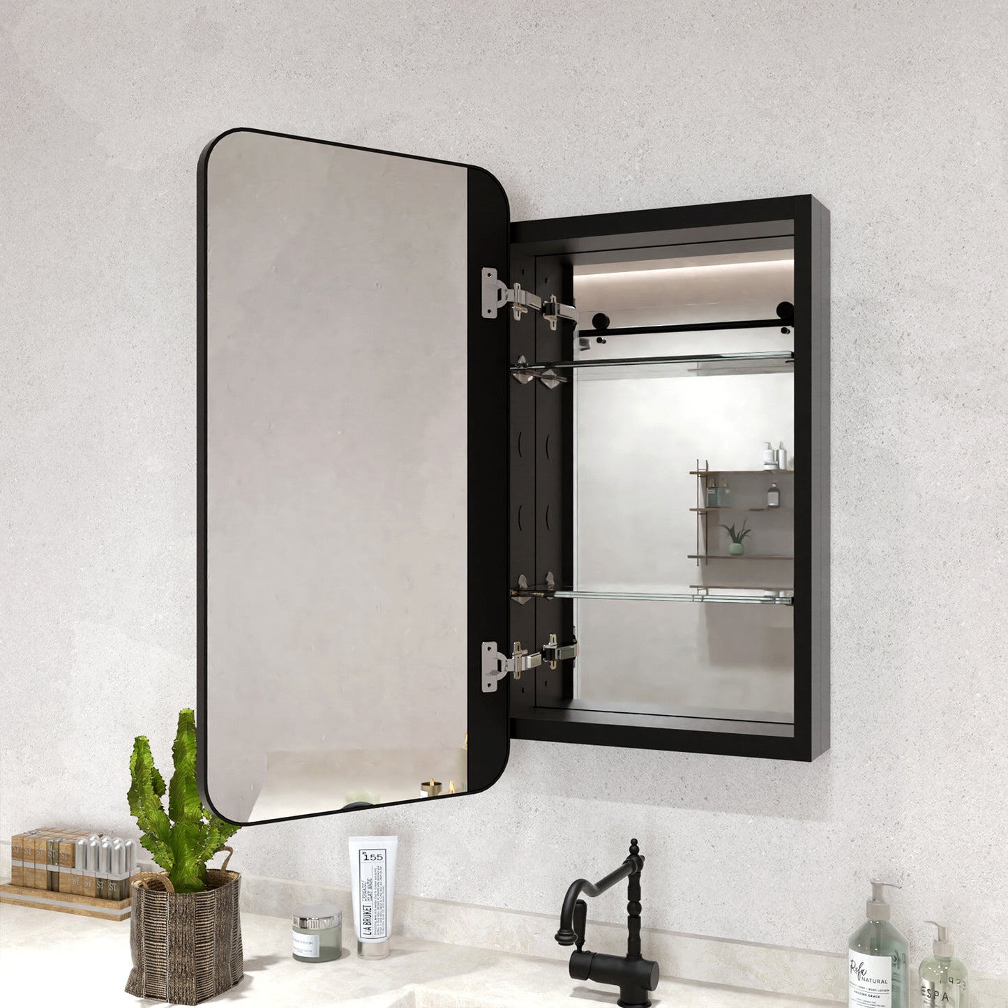 Rectangular Framed Recessed/Surface Mount Medicine Cabinet with Mirror in Matte Black