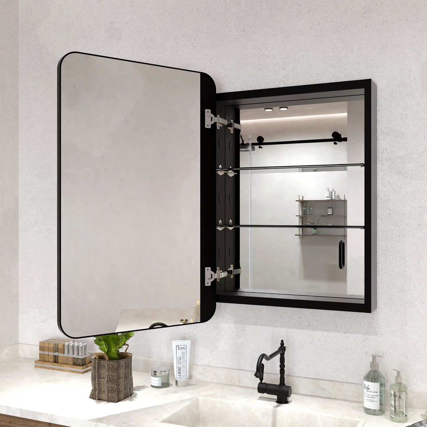 Rectangular Framed Recessed/Surface Mount Medicine Cabinet with Mirror in Matte Black