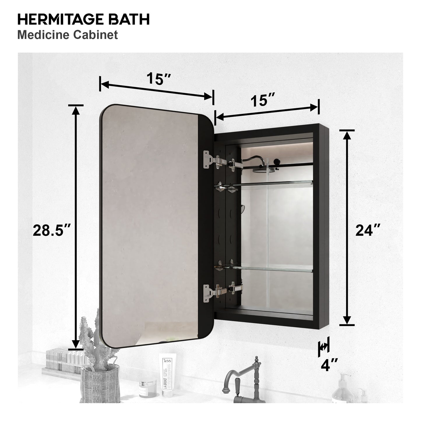 Rectangular Framed Recessed/Surface Mount Medicine Cabinet with Mirror in Matte Black