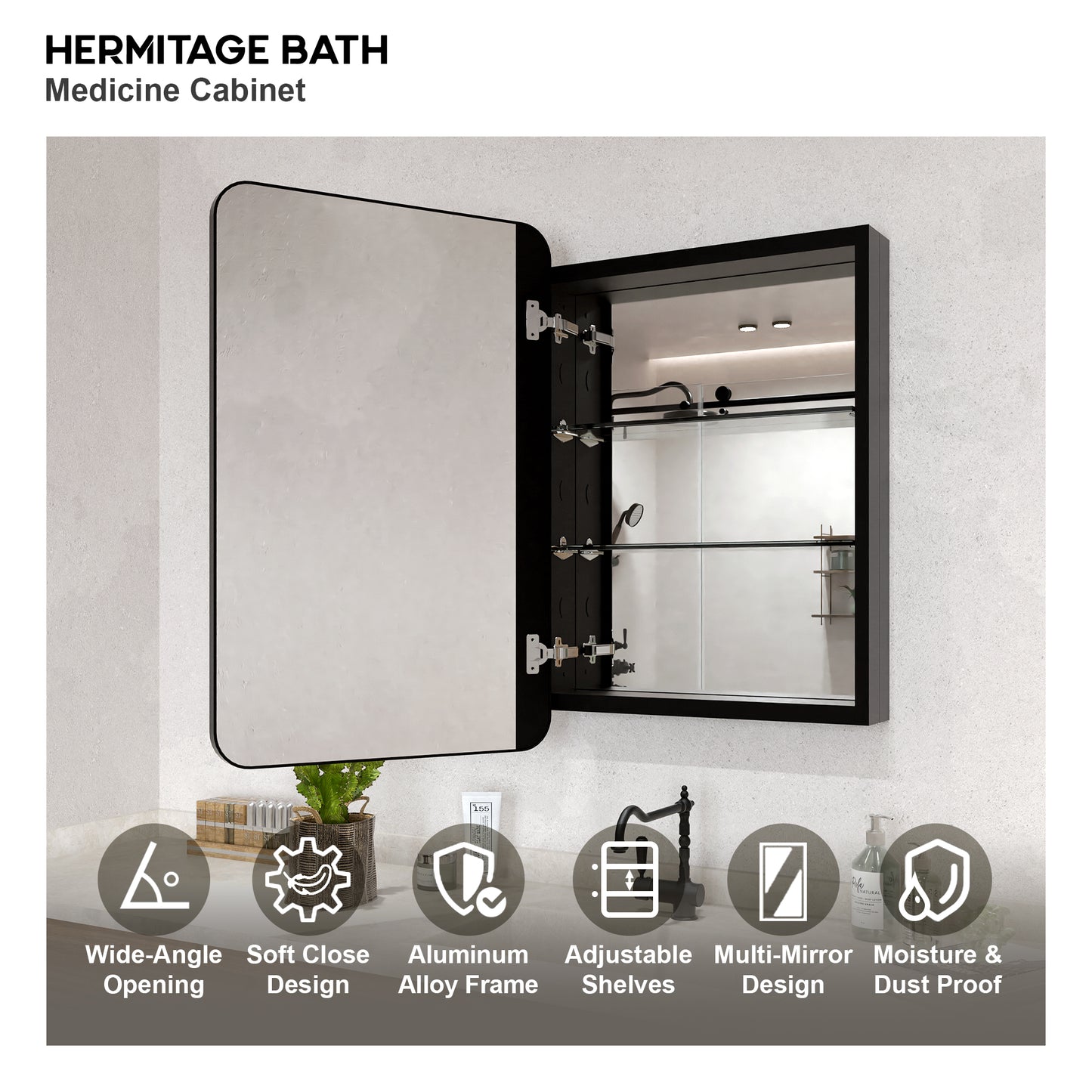 Rectangular Framed Recessed/Surface Mount Medicine Cabinet with Mirror in Matte Black