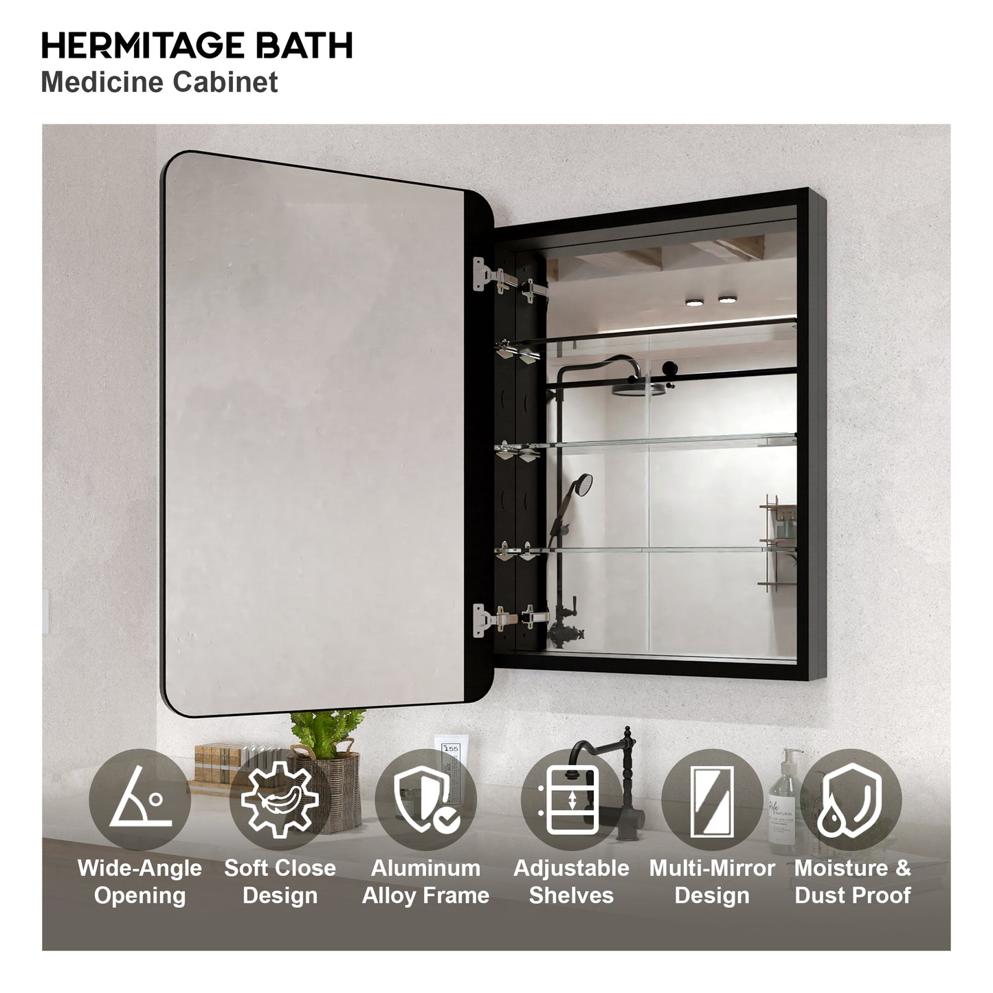 Rectangular Framed Recessed/Surface Mount Medicine Cabinet with Mirror in Matte Black
