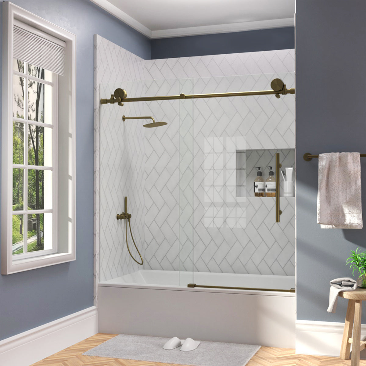 TaiMei Opal 60 in. W x 56 in. H Sliding Frameless Tub Door with Clear Glass and Handles